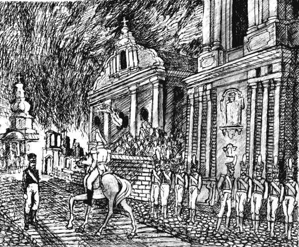 Генерал М. А. Милорадович на великом пожаре. Рис. П. Черногорца, 2004 г.