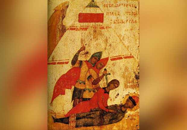 Убийство Бориса и его слуги Георгия Угрина в шатре. Клеймо иконы из Борисоглебской церкви