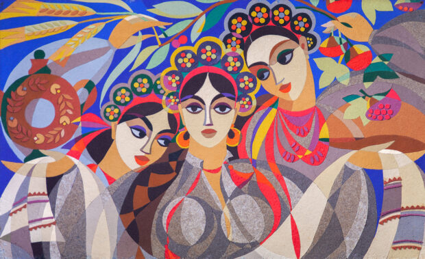Червона калина, 1973 р. Колаж. ДВП, пальтові тканини.