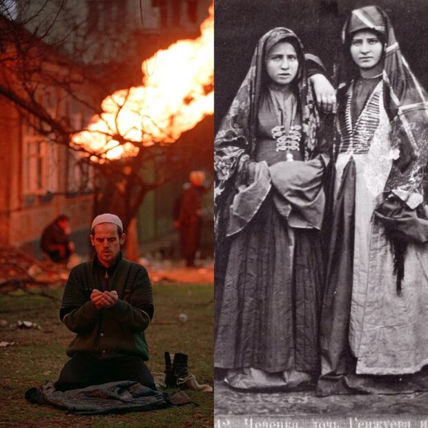 На знімку зліва: Чеченець молиться протягом Битви за Грозний (1994-1995). На задньому плані горить газ з пошкодженого шрапнеллю газопроводу, січень 1995 рік. На знімку справа: Чеченки у національному одязі.
