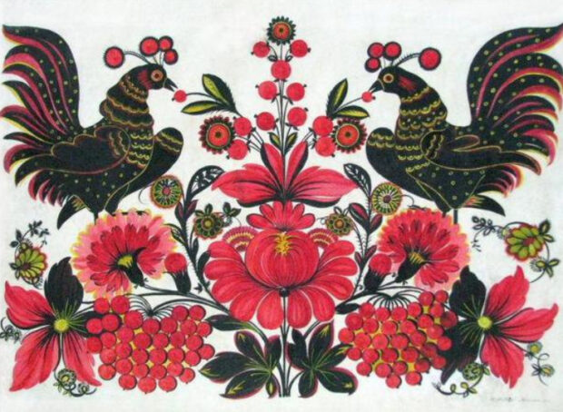 Півні у квітах. 1962 р. папір, гуаш, темпера, робота Марфи Тимченко

