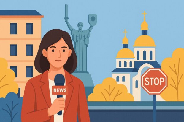 Горизонтальна ілюстрація київської сцени з репортеркою, собором і Монументом Батьківщина-Мати