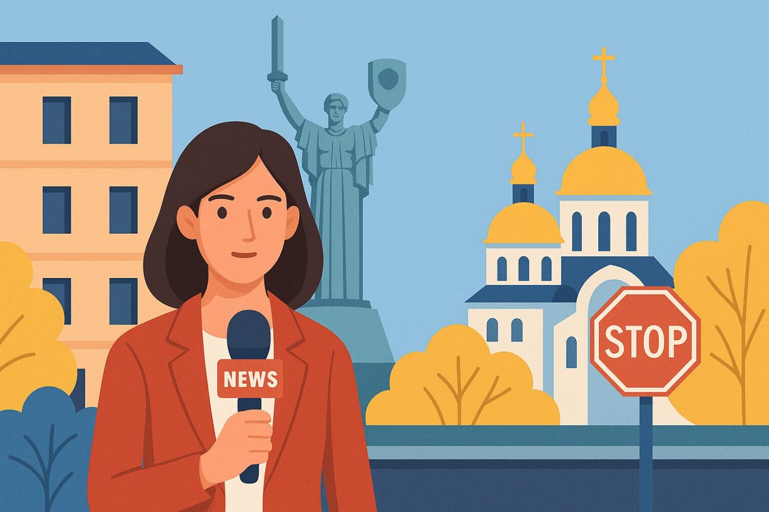 Горизонтальна ілюстрація київської сцени з репортеркою, собором і Монументом Батьківщина-Мати