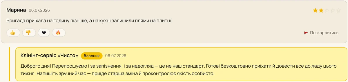 Приклад відповіді власника на негативний відгук — Клінінг і послуги для дому, каталог Мій Київ