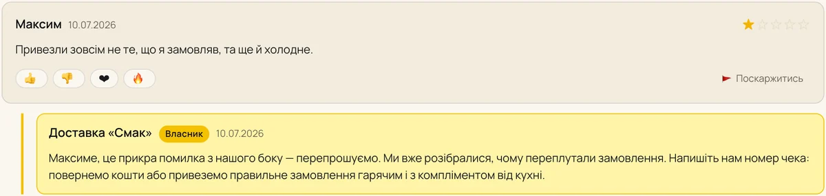 Приклад відповіді власника на негативний відгук — Доставка їжі, каталог Мій Київ