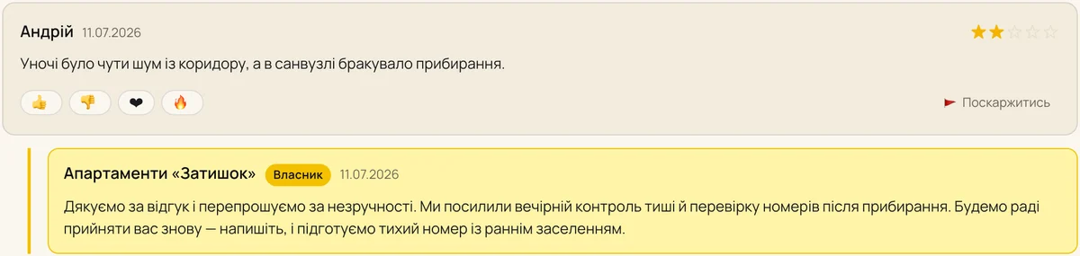 Приклад відповіді власника на негативний відгук — Готелі та житло подобово, каталог Мій Київ