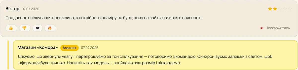 Приклад відповіді власника на негативний відгук — Магазини та роздріб, каталог Мій Київ