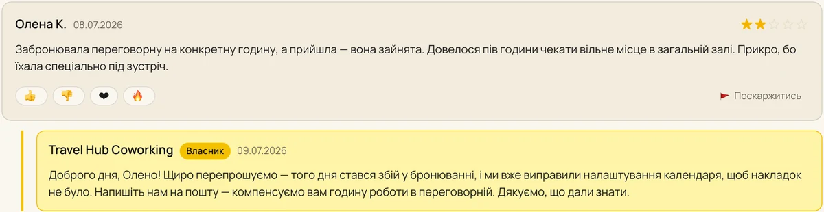 Приклад відповіді власника на негативний відгук про бронювання в каталозі Мій Київ